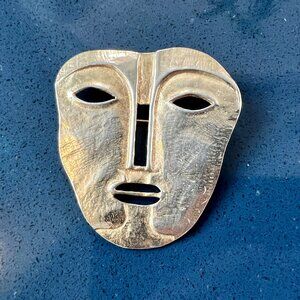 Modern Maxine Denker Matte Gold Tone Tribal Face Mask Brooch/Pin